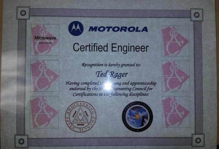 Motorola Certified Engineer certificate or award photograph
