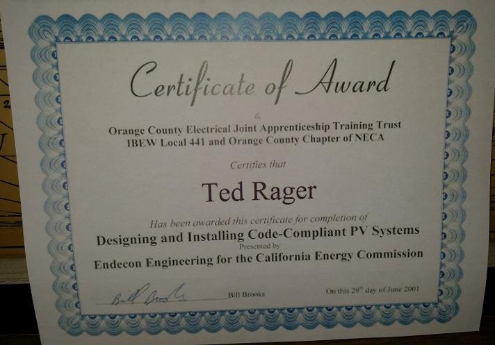 Photovoltaic Systems Design & Installation certificate or award photograph
