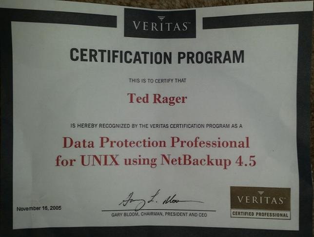 VERITAS Data Protection Professional certificate or award photograph