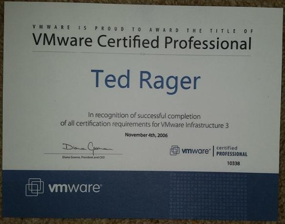 VMware Certified Professional certificate or award photograph